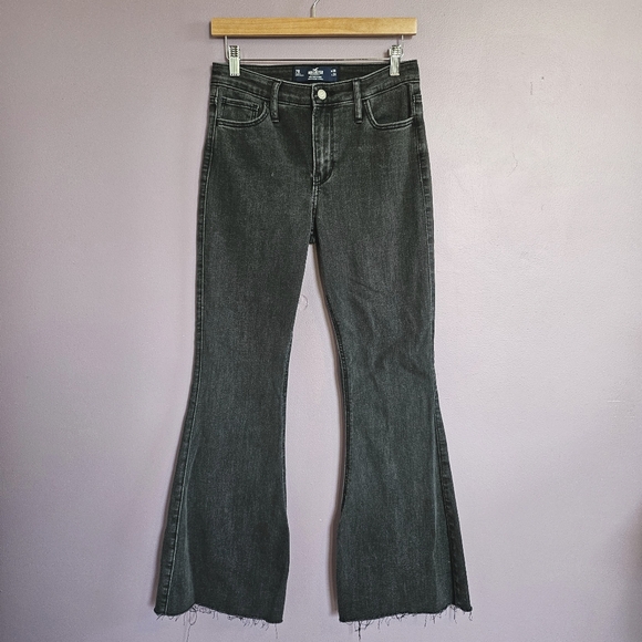 Hollister Denim - Hollister Washed Black Soft Stretch High Rise Raw Hem Split Leg Flare Jeans